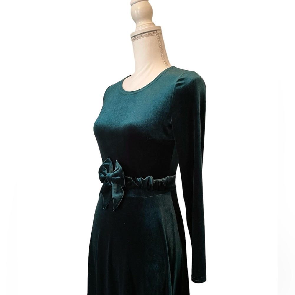 Enme Emerald Green Stretch Velvet Fit and Flare Long Sleeve Dress Women’s Small - Picture 3 of 14